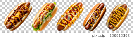 Set of hotdog hot dog frankfurter frank wiener bun sandwich, with different ingredients vegan beef cheese lettuce mustard ketchup on transparent background cutout PNG. Mockup 130913398