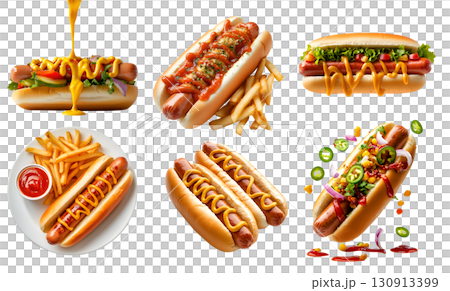 Set of hotdog hot dog frankfurter frank wiener bun sandwich, with different ingredients style vegan beef cheese lettuce mustard ketchup, fries, fly, plate on transparent cutout PNG. Mockup 130913399