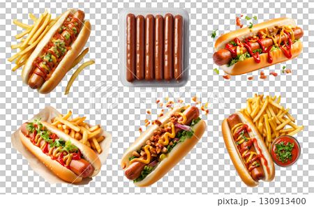 Set of hotdog hot dog frankfurter frank wiener bratwurst bun sandwich, with different ingredients style, beef cheese ketchup, french fry, fly, paper plate on transparent cutout PNG 130913400