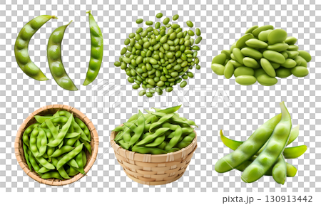 Edamame young soybeans vegetable plant pod seed bean, many angles view side top front, stack pile basket isolated on transparent cutout, PNG file. Mockup template 130913442