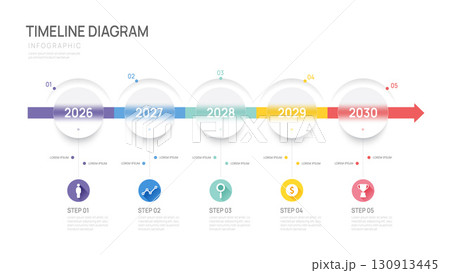5 Steps Business infographic timeline year arrow glass design template. Business milestone and strategy presentation.Vector illustration. 5 Steps Business infographic timeline year arrow glass design template. Business milestone and strategy presentation.Vector illustration. 130913445