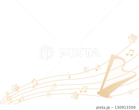 ピンクのハープと花と音符のイラスト ピンクのハープと花と音符のイラスト 130913509