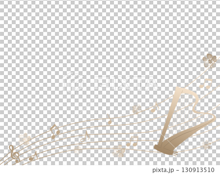 茶色のハープと花と音符のイラスト 茶色のハープと花と音符のイラスト 130913510