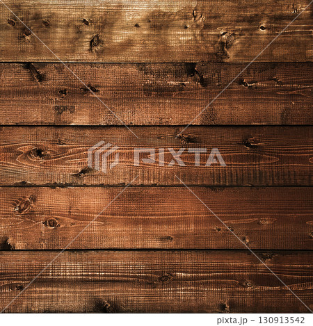 木目や節のある茶褐色の板壁の正方形の背景画像 130913542