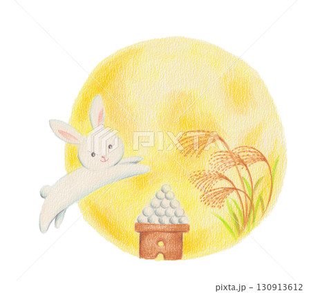 満月と跳ねるうさぎのイラスト 130913612