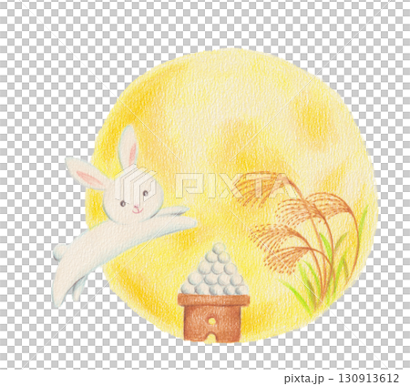 満月と跳ねるうさぎのイラスト 130913612
