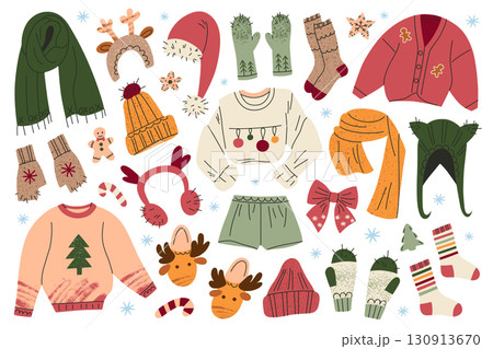Collection of flat cartoon winter clothing and Christmas accessories. Vector illustrations of scarves, hats, sweaters, mittens, slippers, socks, festive details. Cozy warm outfit design for holiday 130913670