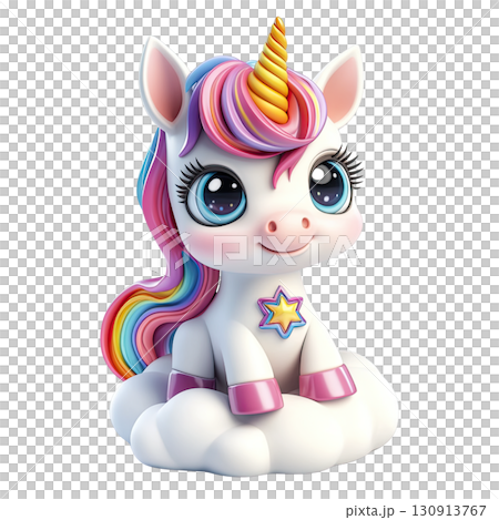 Cute 3d unicorn sitting on a cloud. AI-generated item 130913767
