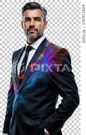 A powerful male CEO in a sleek black suit, illuminated by vibrant data streams and financial growth patterns, symbolizing his 130913929