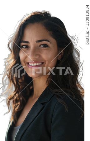 A Latina leader with a radiant smile and confident gaze, surrounded by beams of light that represent the power, creativity 130913934