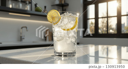 A glass of cool, sparkling water with a twist of lemon, sitting on a marble countertop, the condensation A glass of cool, sparkling water with a twist of lemon, sitting on a marble countertop, the condensation 130913950