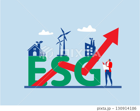 ESG investment in renewable power green energy with a growth chart wind turbines and solar panels. Vector Illustrations. ESG investment in renewable power green energy with a growth chart wind turbines and solar panels. Vector Illustrations. 130914186