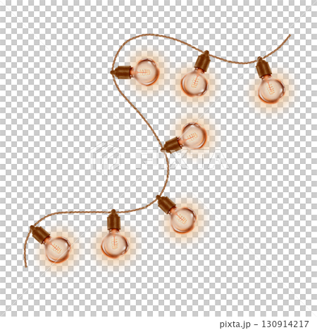 Retro bulbs in round shapes in outdoor holiday or interior curved garland in warm colors in Edison lamp design. Hand-drawn watercolor illustration on transparent background 130914217