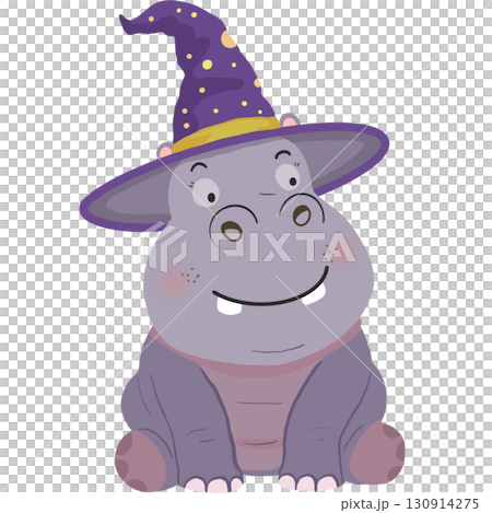 Adorable cartoon hippopotamus wearing a purple wizard hat with yellow stars. Cute Halloween animal illustration, perfect for holiday designs, greeting cards, stickers, and kids decorations. 130914275