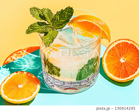 Cold Orange Water with Mint, Bright refreshing drinks for summer heat. AI Generated. 130914295