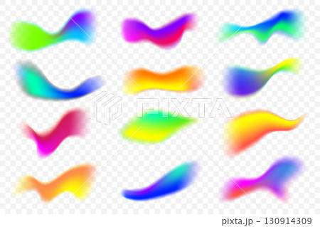 Blurred colored shapes. Mesh fluid liquid abstract elements isolated on white background. Soft light vector holographic blobs. Neon blend vibrant multicolor figures 130914309