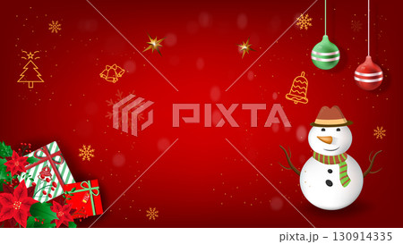 Christmas Decorative Background with realistic gifts box, snowman and glitter gold for poster, greeting cards 130914335