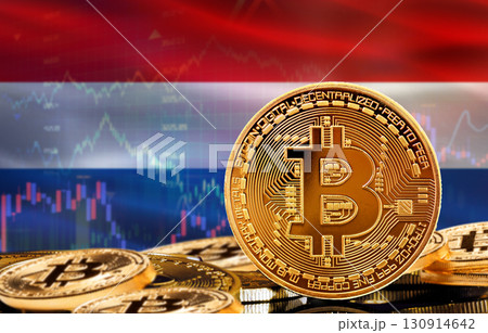 Investors in cryptocurrency and Blockchain Technology in Netherlands, Concept. Bitcoin with Netherlands flag in the background 130914642