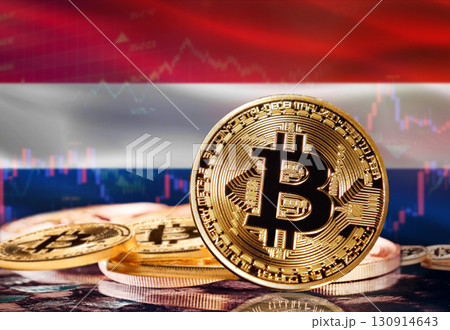 Bitcoin with Netherlands flag in the background. Investors in cryptocurrency and Blockchain Technology in Netherlands, Concept Bitcoin with Netherlands flag in the background. Investors in cryptocurrency and Blockchain Technology in Netherlands, Concept 130914643