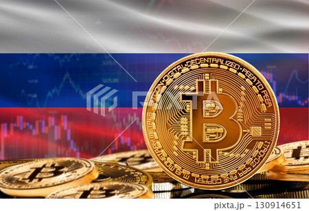 Investors in cryptocurrency and Blockchain Technology in Russia, Concept. Bitcoin with Russia flag in the background 130914651