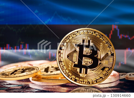 Bitcoin with Estonia flag in the background. Investors in cryptocurrency and Blockchain Technology in Estonia, Concept 130914660