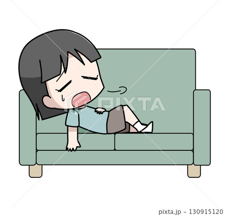 疲れてソファに横になる女の子のイラスト 130915120
