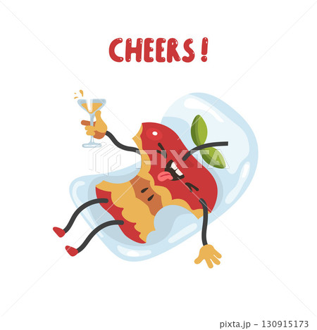 Cute cheerful gnawed and drunk apple is lying on an inflatable mattress laughing and drinking a cocktail vector illustration 130915173