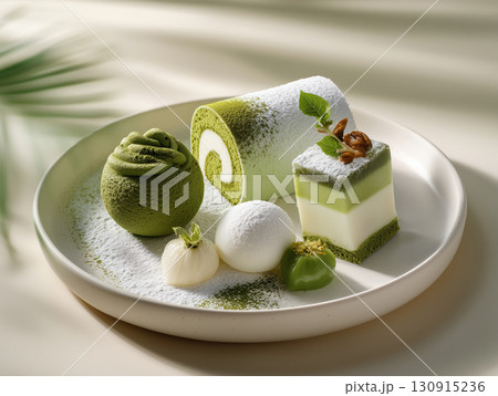 抹茶スイーツが彩る贅沢なデザートプレート（抹茶スイーツ デザートプレート 盛り付け） 130915236