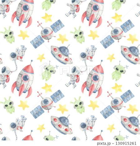 Watercolor illustration seamless pattern with rockets, green aliens, and satellites, great for wrapping paper, textile crafts, kids stationery, and creative wall art with a space theme. 130915261