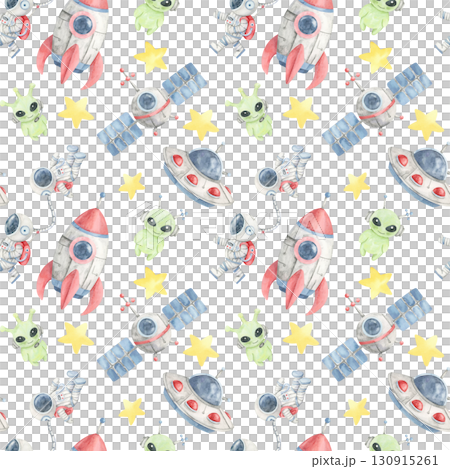 Watercolor illustration seamless pattern with rockets, green aliens, and satellites, great for wrapping paper, textile crafts, kids stationery, and creative wall art with a space theme. 130915261