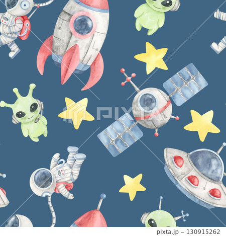 Astronauts, rockets, satellites, and green aliens on blue in a watercolor clipart seamless pattern, ideal for fabric prints, wall posters, party invitations, and themed childrens merchandise. 130915262