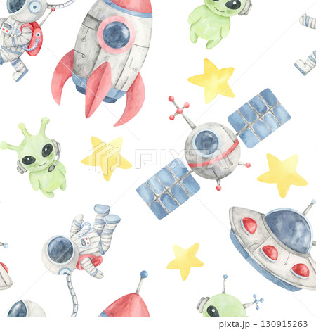 Watercolor illustration seamless pattern of satellites, green aliens, and flying saucers, perfect for stationery, novelty gift wrap, digital scrapbooking, and space-themed surface decoration. 130915263