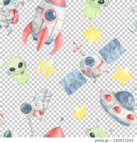 Watercolor illustration seamless pattern of satellites, green aliens, and flying saucers, perfect for stationery, novelty gift wrap, digital scrapbooking, and space-themed surface decoration. 130915263