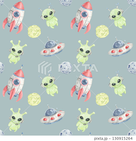 Watercolor illustration seamless pattern with rockets, moons, and green aliens on blue, perfect for creating baby bedding, scrapbook paper, digital backgrounds, and themed product packaging. 130915264