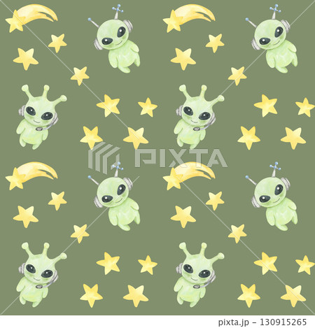 Aliens, yellow stars, and shooting stars on green in a watercolor illustration seamless pattern, perfect for fabric, stationery, themed packaging, and space-inspired childrens wall art. 130915265