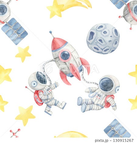 Astronauts, rockets, and moons in a watercolor illustration seamless pattern on beige, ideal for kids bedding, party invitations, creative wall prints, and surface design for products. Astronauts, rockets, and moons in a watercolor illustration seamless pattern on beige, ideal for kids bedding, party invitations, creative wall prints, and surface design for products. 130915267