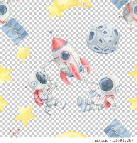 Astronauts, rockets, and moons in a watercolor illustration seamless pattern on beige, ideal for kids bedding, party invitations, creative wall prints, and surface design for products. Astronauts, rockets, and moons in a watercolor illustration seamless pattern on beige, ideal for kids bedding, party invitations, creative wall prints, and surface design for products. 130915267