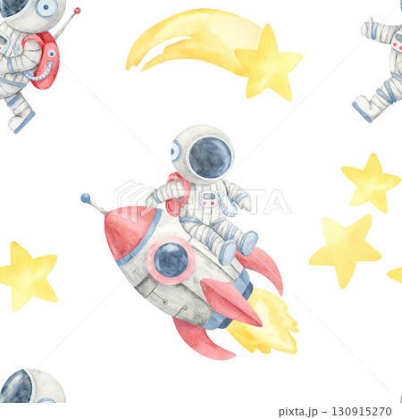 Red rocket, yellow stars, and gray satellites in a watercolor illustration seamless pattern, ideal for fabric printing, stationery design, gift wrapping, and childrens educational product covers. 130915270