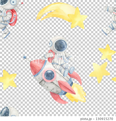 Red rocket, yellow stars, and gray satellites in a watercolor illustration seamless pattern, ideal for fabric printing, stationery design, gift wrapping, and childrens educational product covers. 130915270