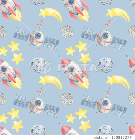 Watercolor illustration seamless pattern of rockets, moons, satellites, and stars on blue, suitable for kids bedding, birthday party decor, stationery sets, and themed packaging design. 130915277