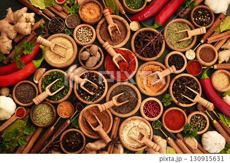 Colorful mix of herb and spice varieties: curry and coriander, turmeric and clove, paprika and pepper, cinnamon and garlic, cardamon and oregano Colorful mix of herb and spice varieties: curry and coriander, turmeric and clove, paprika and pepper, cinnamon and garlic, cardamon and oregano 130915631
