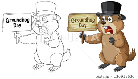 Groundhog Wearing Top Hat Holding Groundhog Day Sign 130915636
