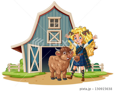 Scottish Girl and Highland Calf in Front of Barn Scottish Girl and Highland Calf in Front of Barn 130915638