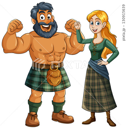 Strong Bearded Man and Smiling Woman in Scottish Kilts 130915639