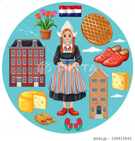 Traditional Dutch Woman Surrounded by Iconic Netherlands Symbols Traditional Dutch Woman Surrounded by Iconic Netherlands Symbols 130915643
