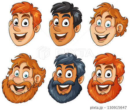 Cartoon Male Faces with Different Hair and Beard Styles 130915647