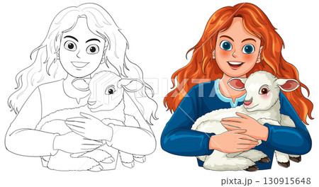 Red-Haired Girl Holding White Lamb Vector Illustration 130915648