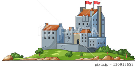 Medieval Stone Castle on Green Hill with Red Flags Medieval Stone Castle on Green Hill with Red Flags 130915655