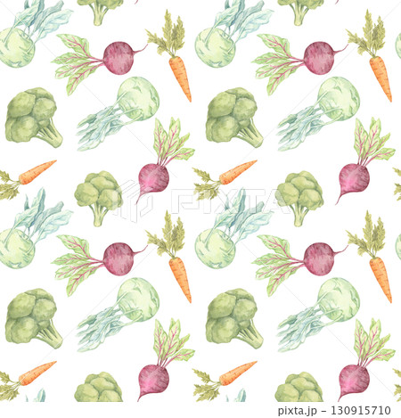 Carrot, broccoli, beetroot, and kohlrabi in loose watercolor style. Seamless pattern vegetable clipart ideal for packaging, food-themed stationery, and textile printing 130915710