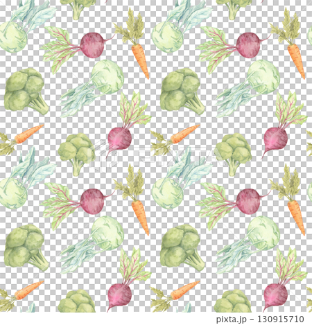 Carrot, broccoli, beetroot, and kohlrabi in loose watercolor style. Seamless pattern vegetable clipart ideal for packaging, food-themed stationery, and textile printing Carrot, broccoli, beetroot, and kohlrabi in loose watercolor style. Seamless pattern vegetable clipart ideal for packaging, food-themed stationery, and textile printing 130915710